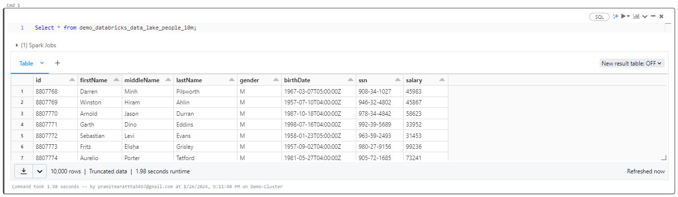 Selecting All the Record - Databricks Data Lake - Databricks Delta Table