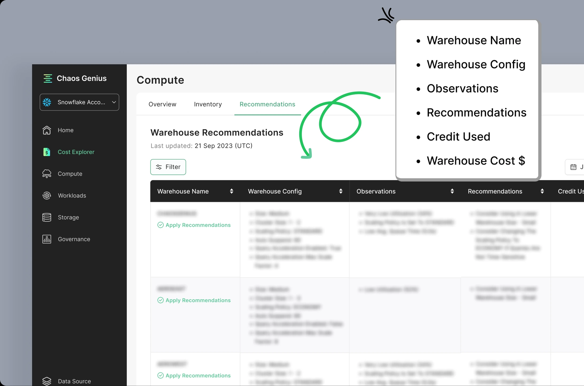 Chaos Genius Snowflake Observability webpage; DataOps observability; Data management operations; Snowflake cost optimization